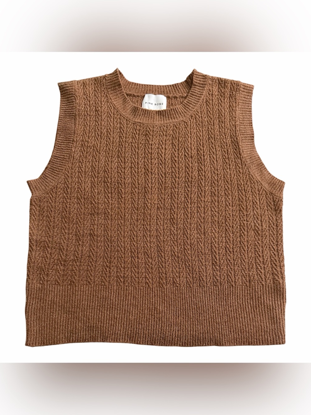 Pink Rose Brown Cable Knit Sleeveless Sweater Vest, Size S